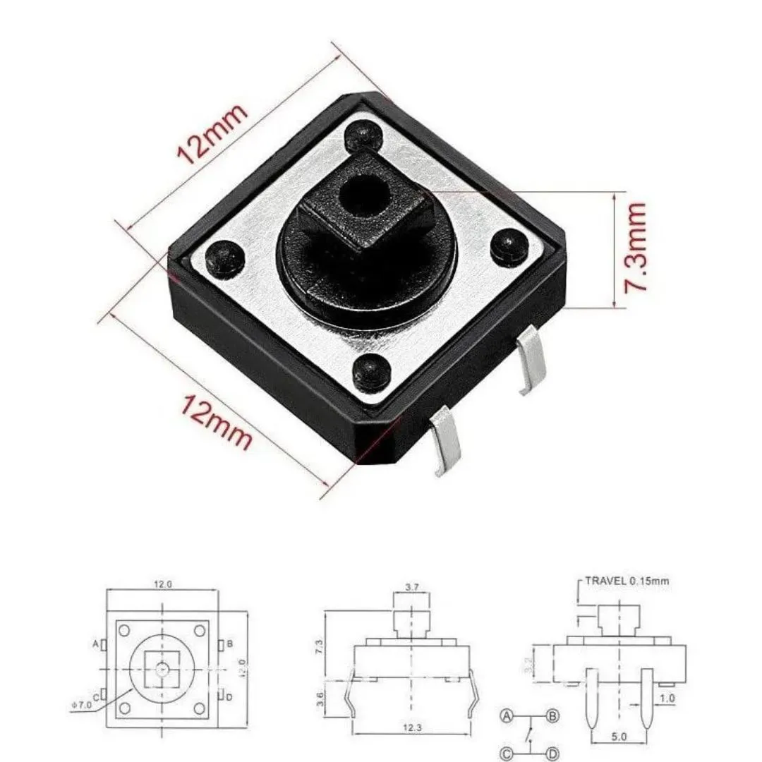 Pulsador Button Tact Switch Na 12x12x7.3mm X 10 U Negro - Imagen 2