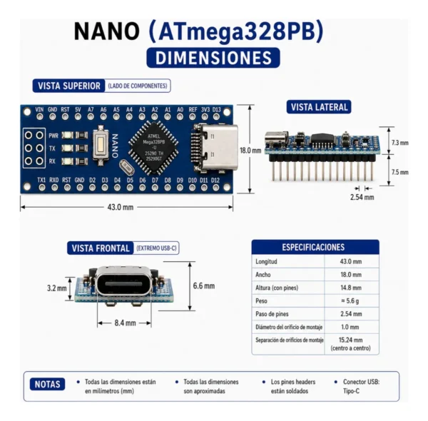 Atmel Nano V3.0 Atmega328 Usb-c Compatible Ch340 - Imagen 2